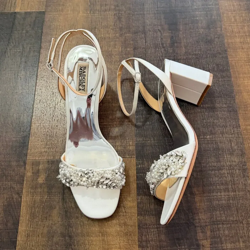 Badgley Mischka Clara Ivory Pearl Embellished Ankle Strap Block Heels Size 10